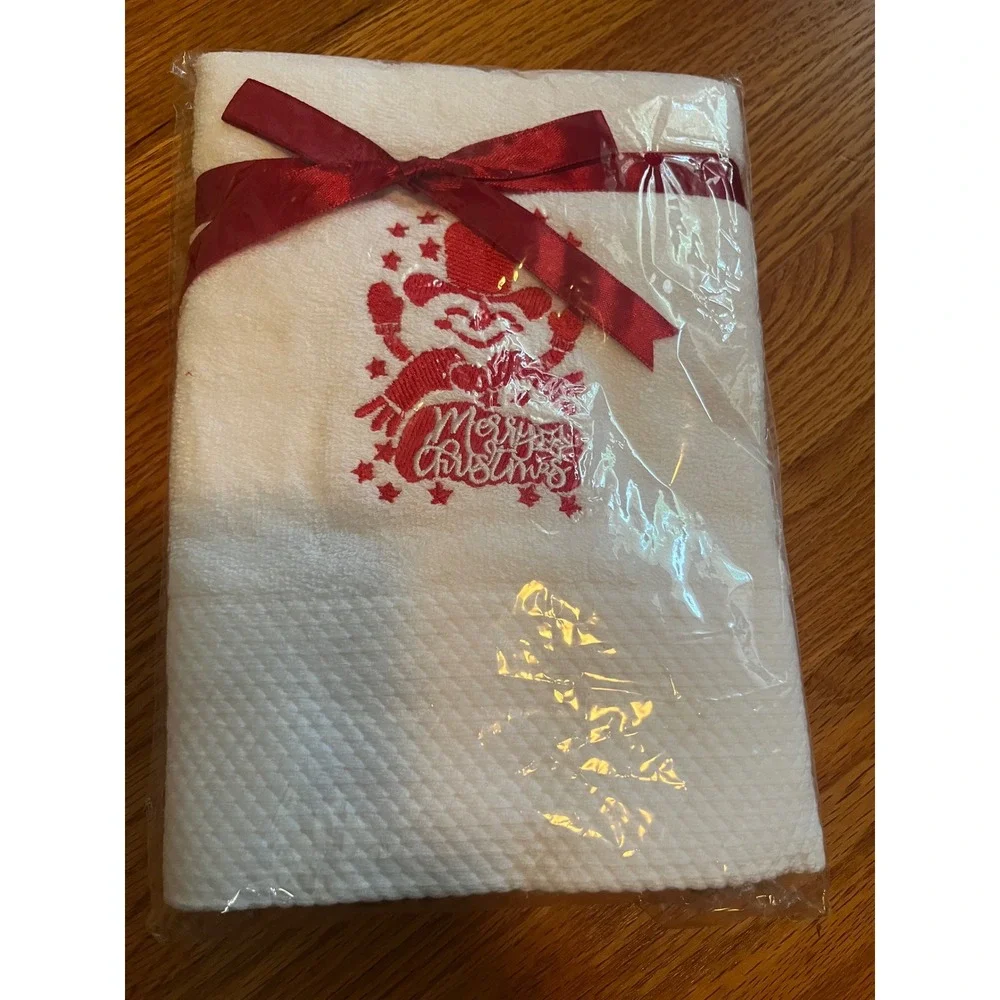 2 Merry Christmas Snowman Embroidered White Hand Towel Red Holiday Decor New